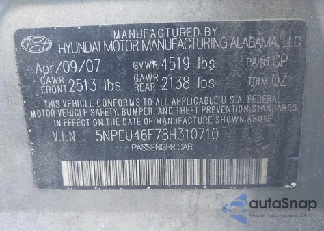 2008 Hyundai Sonata Limited V6/Se V6 z USA, uszkodzony, nr VIN 5NPEU46F78H310710